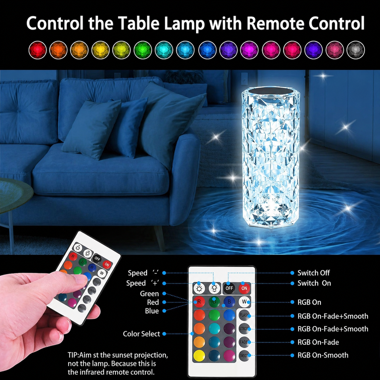 👉 USB Rechargeable Crystal Table Lamp with 16 Color RGB Light