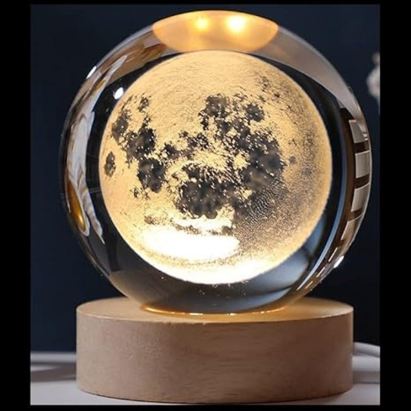 3D Moon Crystal Ball LED Night Lamp with Wooden Base