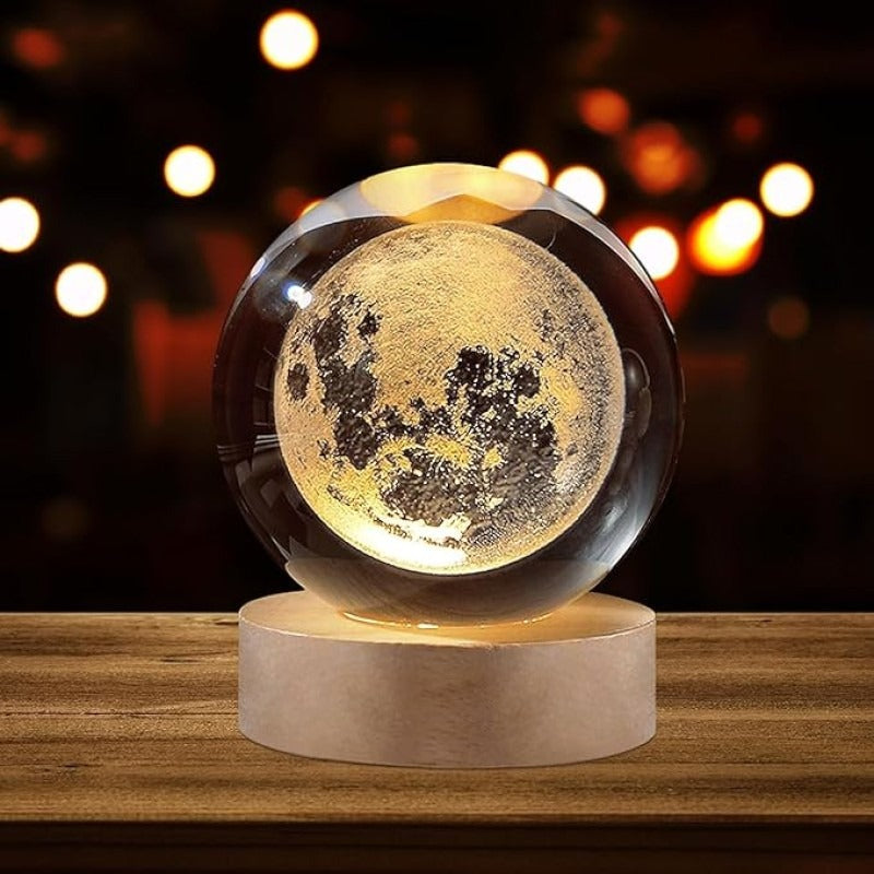 3D Moon Crystal Ball LED Night Lamp with Wooden Base
