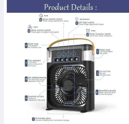 portable 3 in 1 mini air cooler fan with humidifier & led lights